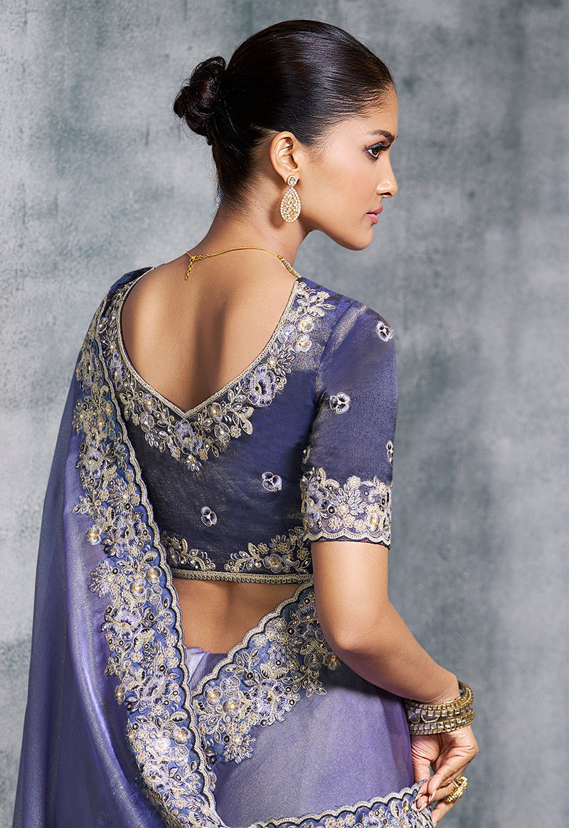 Lavender Tissue Traditional Saree with Embroidered, Resham and Thread Work for Ceremonial