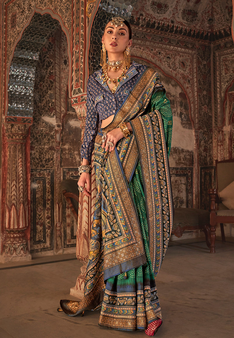 Teal Viscose Silk Printed Traditional Saree