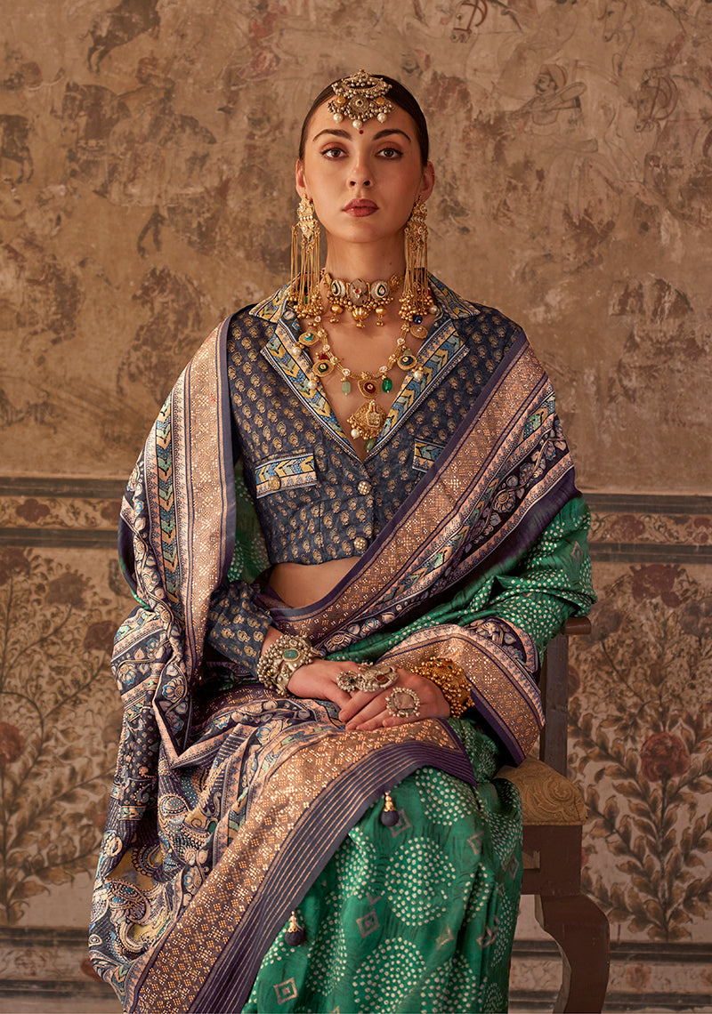 Teal Viscose Silk Printed Traditional Saree