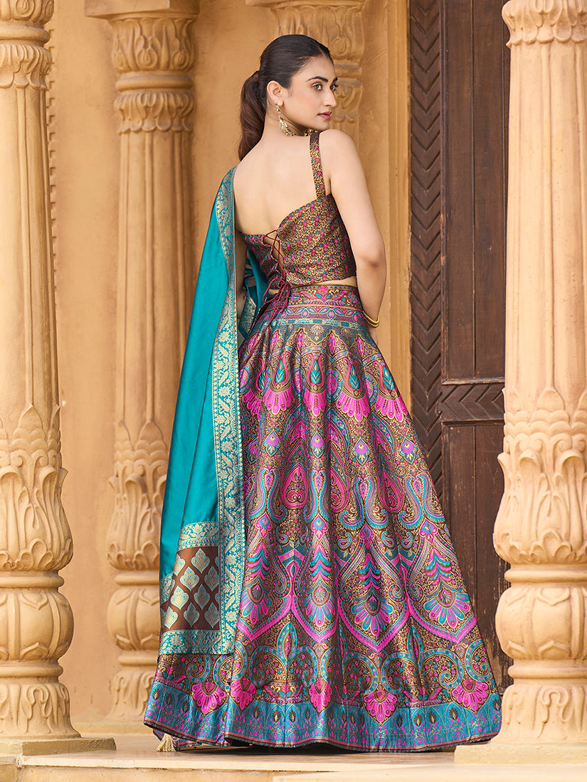 Lehenga Choli Thread Work Jacquard Silk in Brown