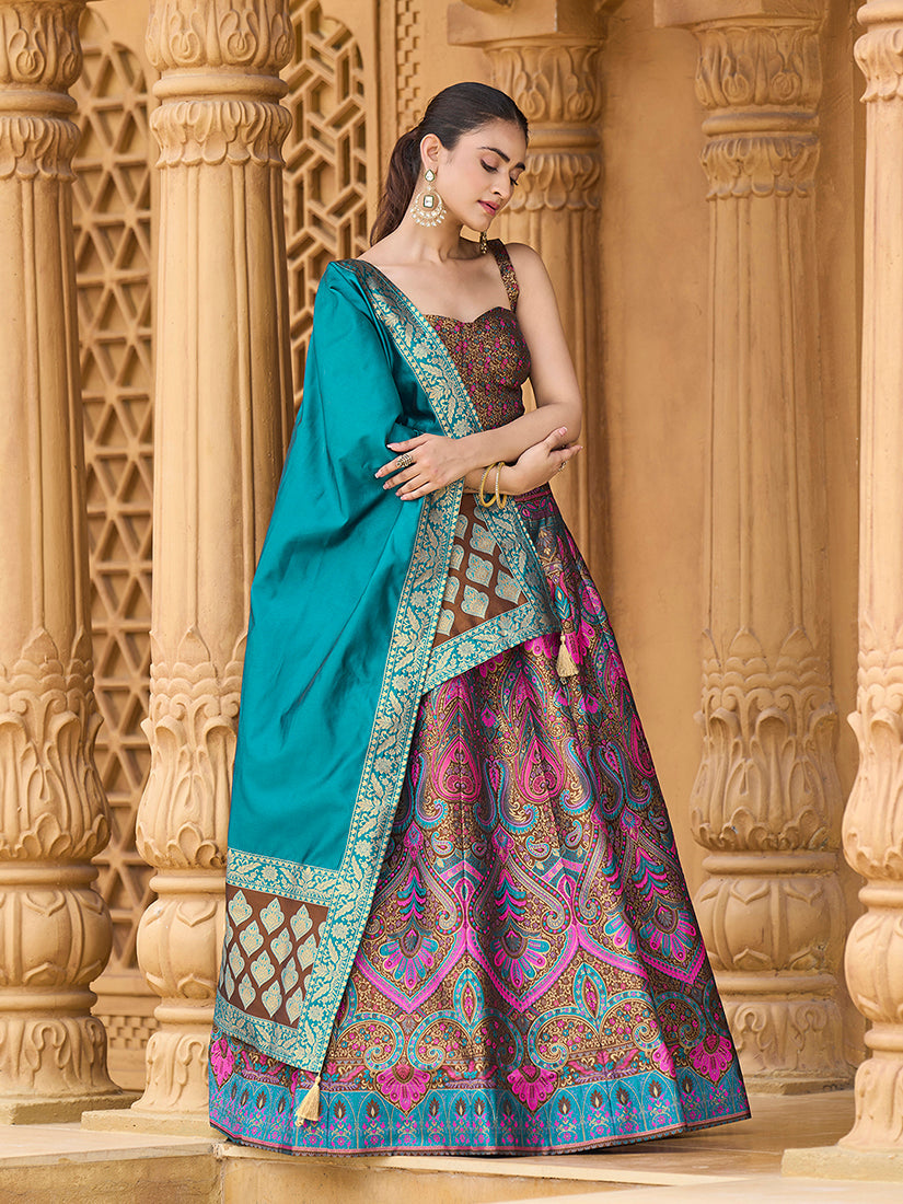 Lehenga Choli Thread Work Jacquard Silk in Brown