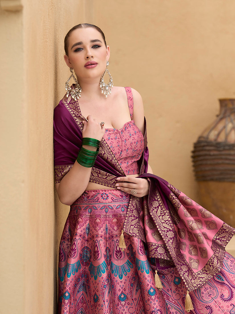 Lehenga Choli Thread Work Jacquard Silk in Pink