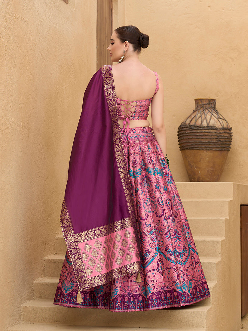 Lehenga Choli Thread Work Jacquard Silk in Pink