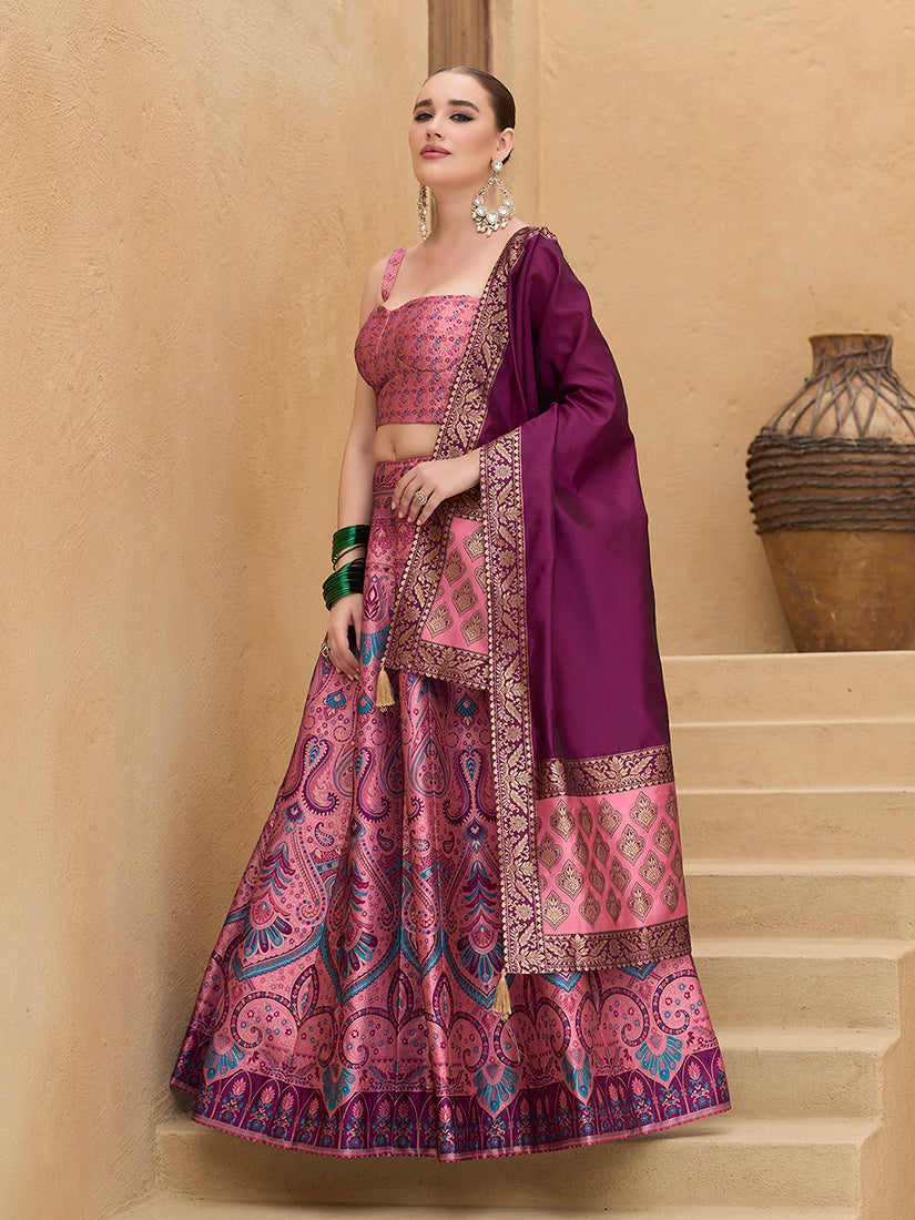 Lehenga Choli Thread Work Jacquard Silk in Pink