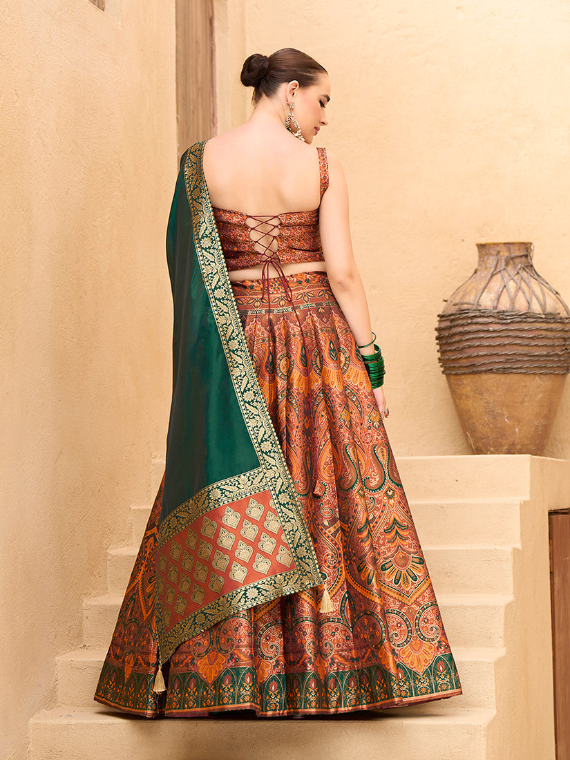 Lehenga Choli Thread Work Jacquard Silk in Rust Orange
