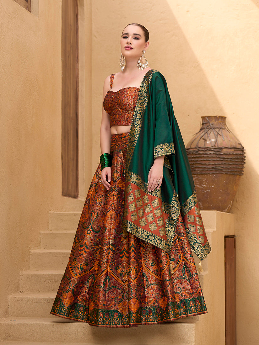 Lehenga Choli Thread Work Jacquard Silk in Rust Orange