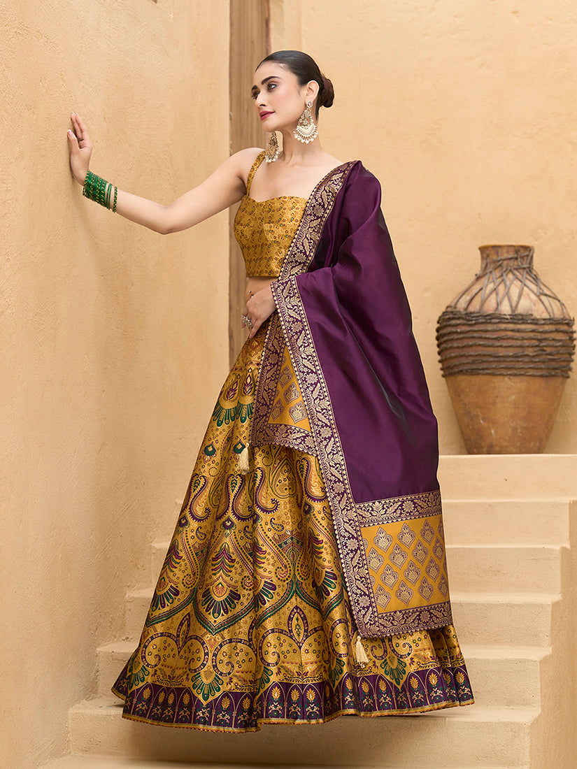 Lehenga Choli Thread Work Jacquard Silk in Yellow