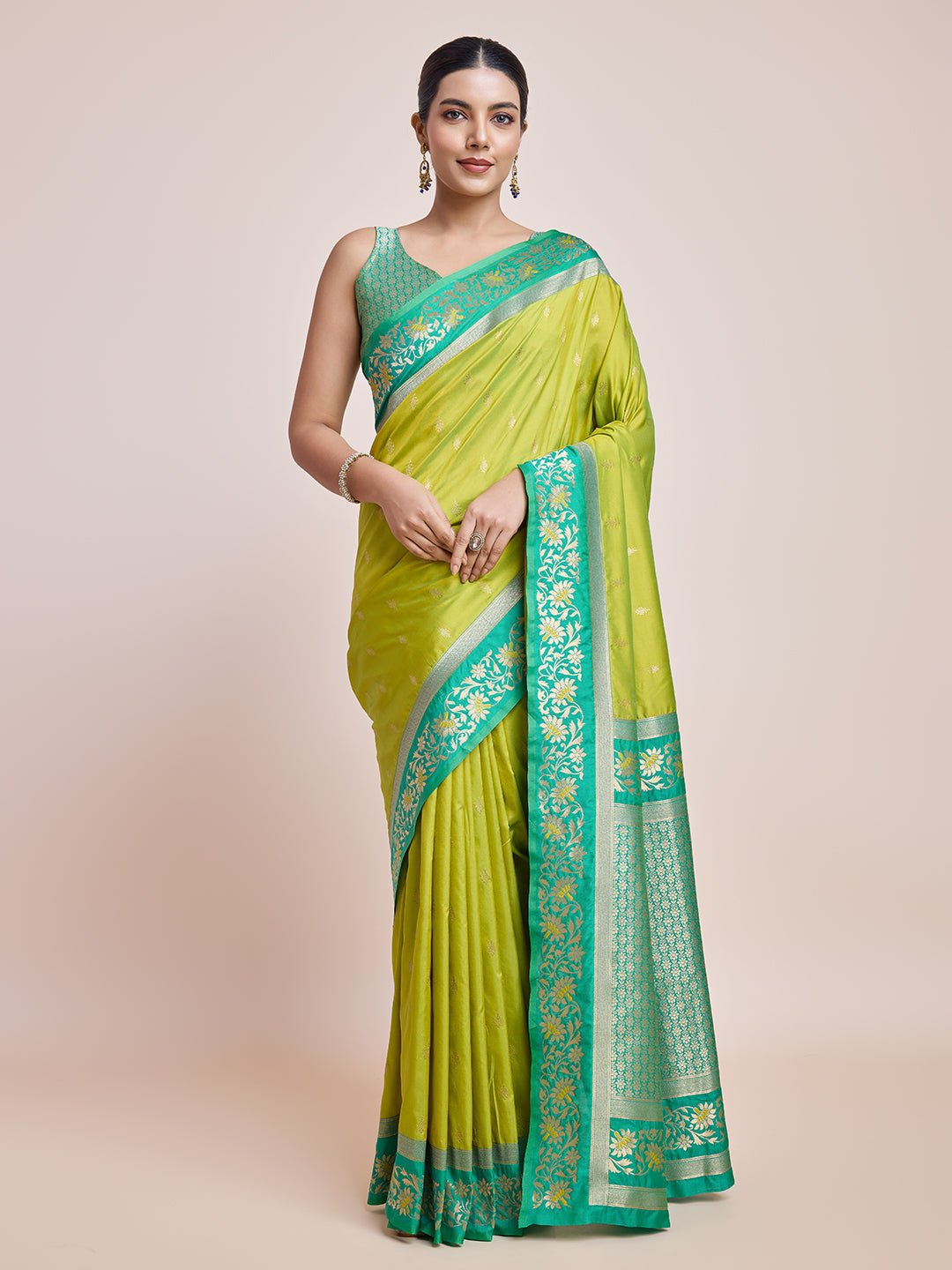 Cyan Banarasi Satin Silk Woven Classic Saree - Monjolika Fashion