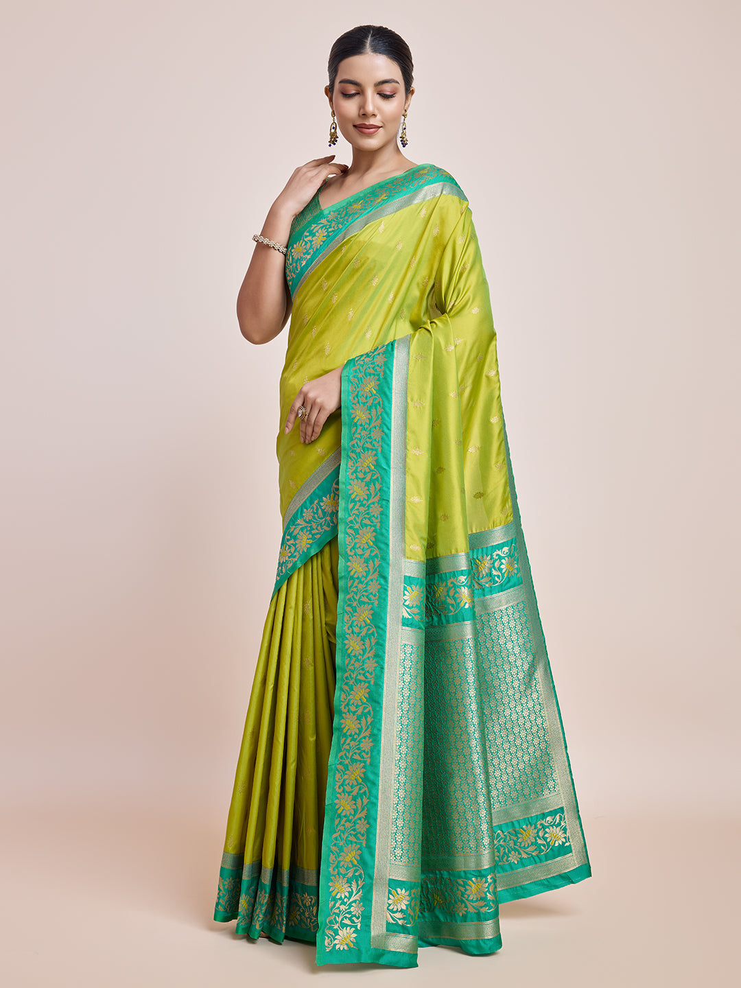 Cyan Banarasi Satin Silk Woven Classic Saree - Monjolika Fashion