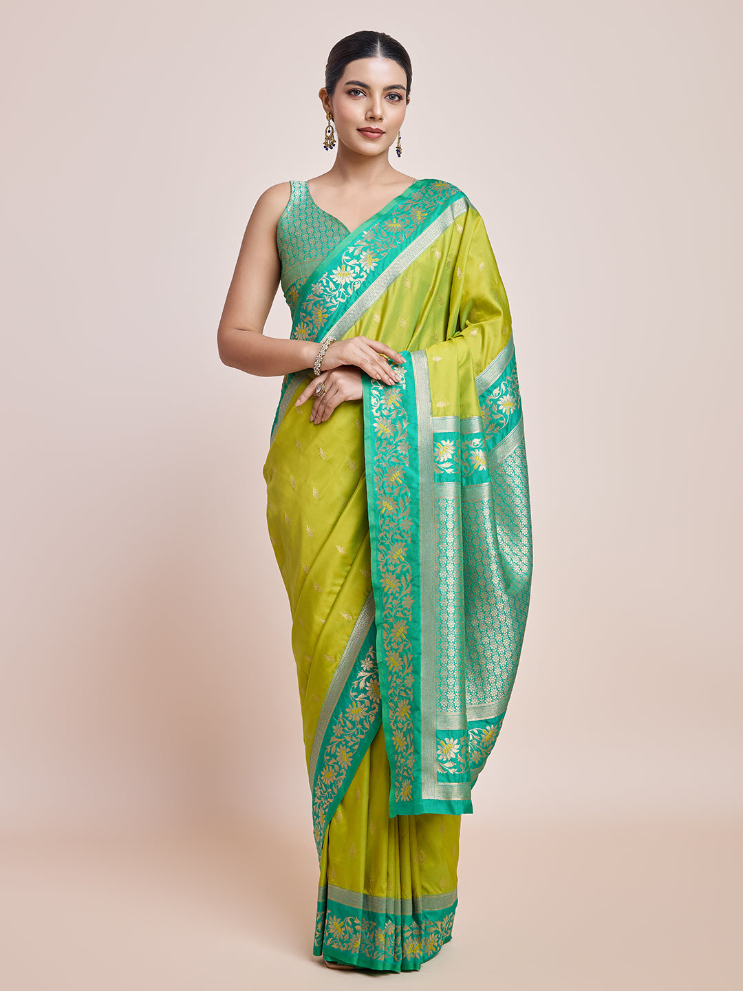 Cyan Banarasi Satin Silk Woven Classic Saree - Monjolika Fashion