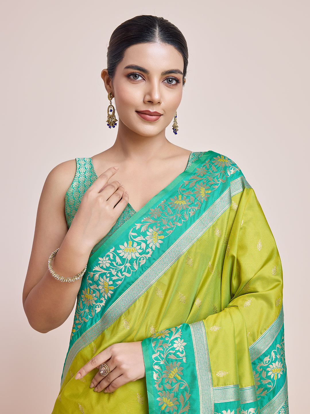 Cyan Banarasi Satin Silk Woven Classic Saree - Monjolika Fashion