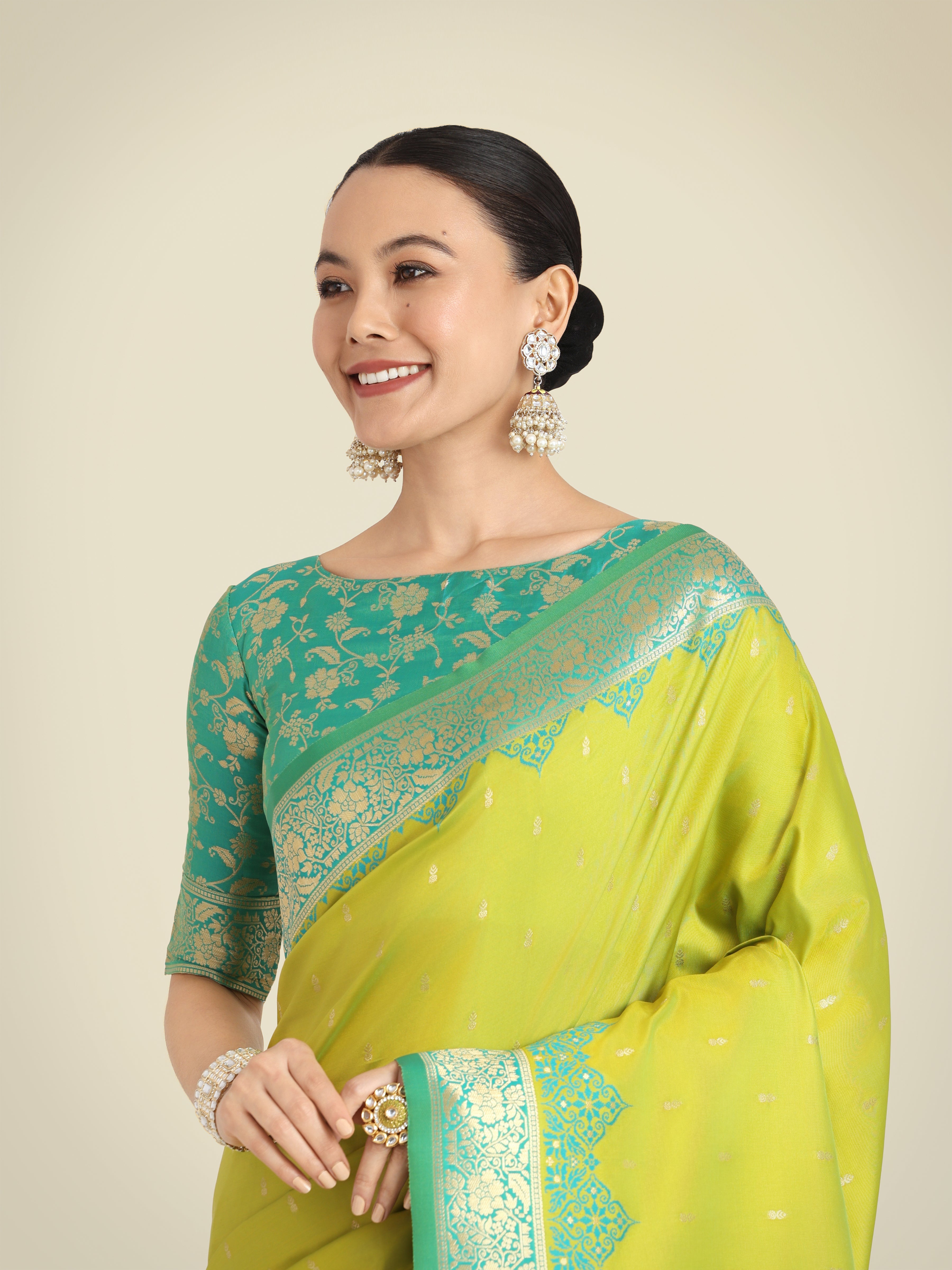 Lemon Green Banarasi Soft Silk Butti & Zari Weave Tradition Saree