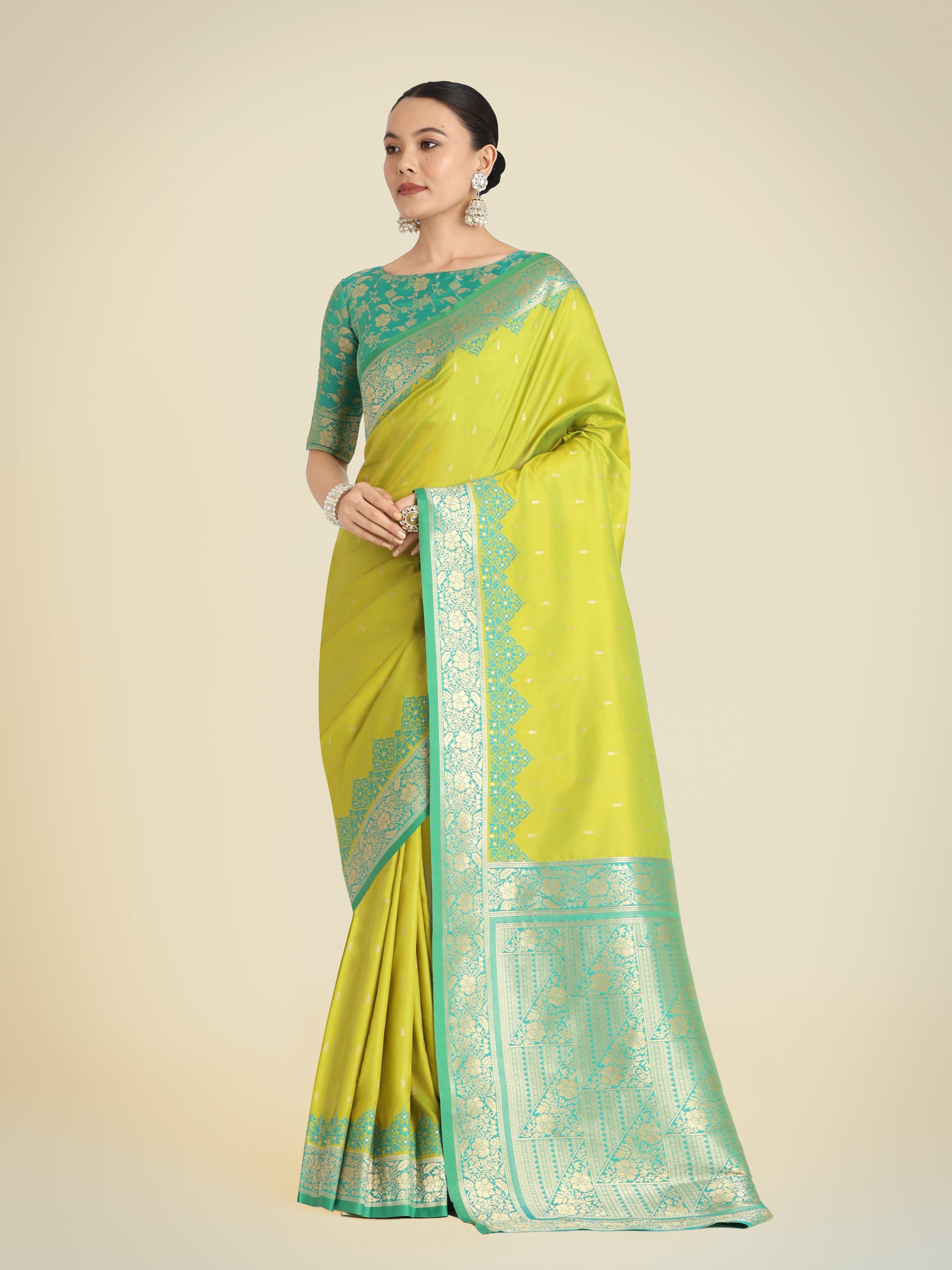 Lemon Green Banarasi Soft Silk Butti & Zari Weave Tradition Saree