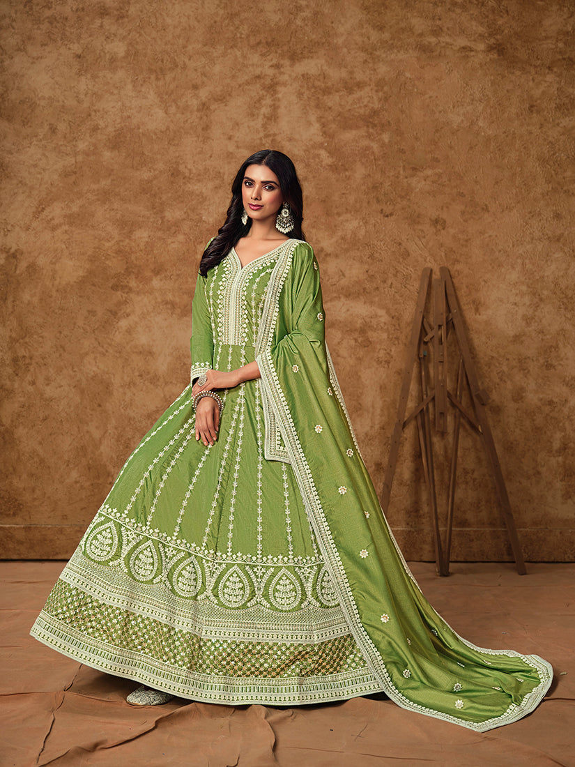 Lemon Green Pure Dola Silk Embroidered Ceremonial Gown