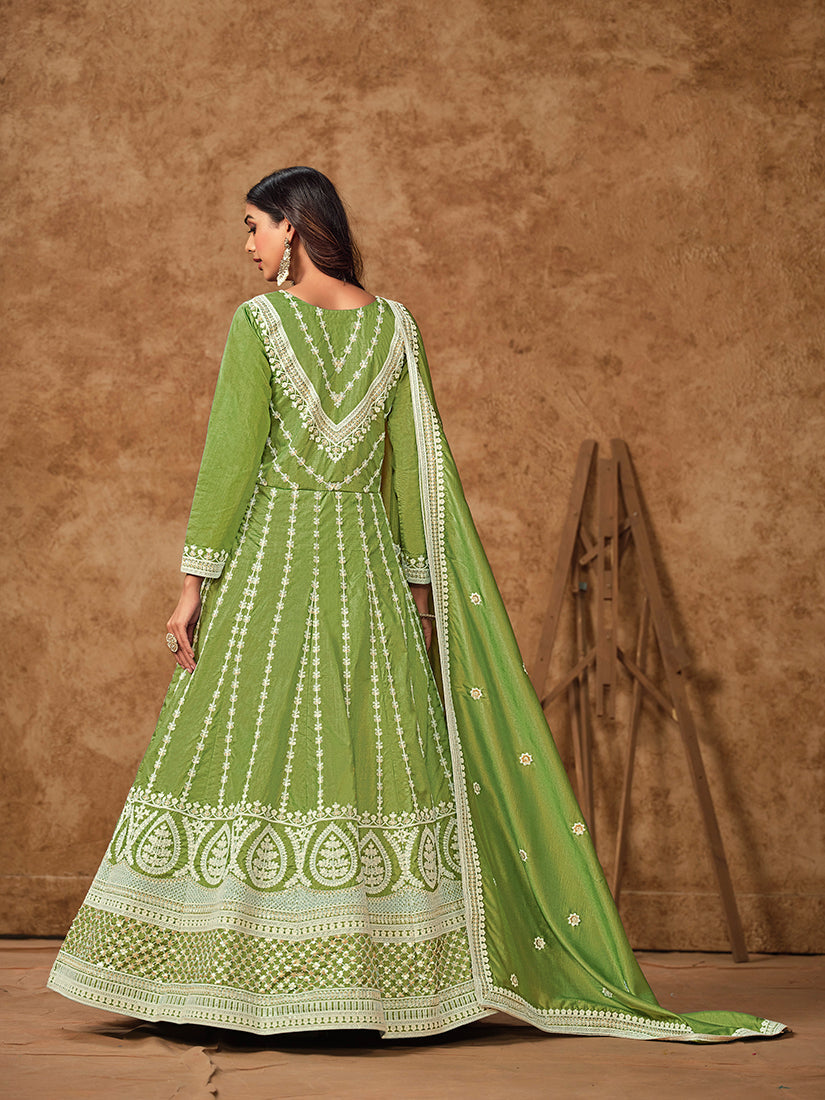 Lemon Green Pure Dola Silk Embroidered Ceremonial Gown