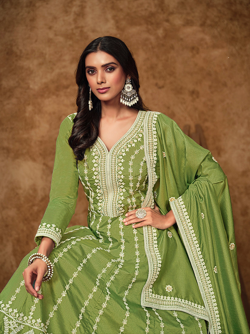Lemon Green Pure Dola Silk Embroidered Ceremonial Gown