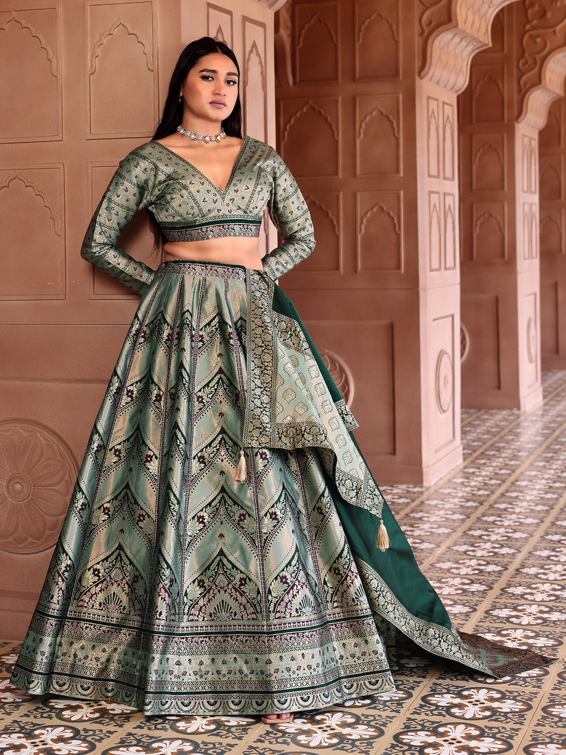 Pistachio Green Kanjivaram Silk Weaving Zari Lehenga Choli