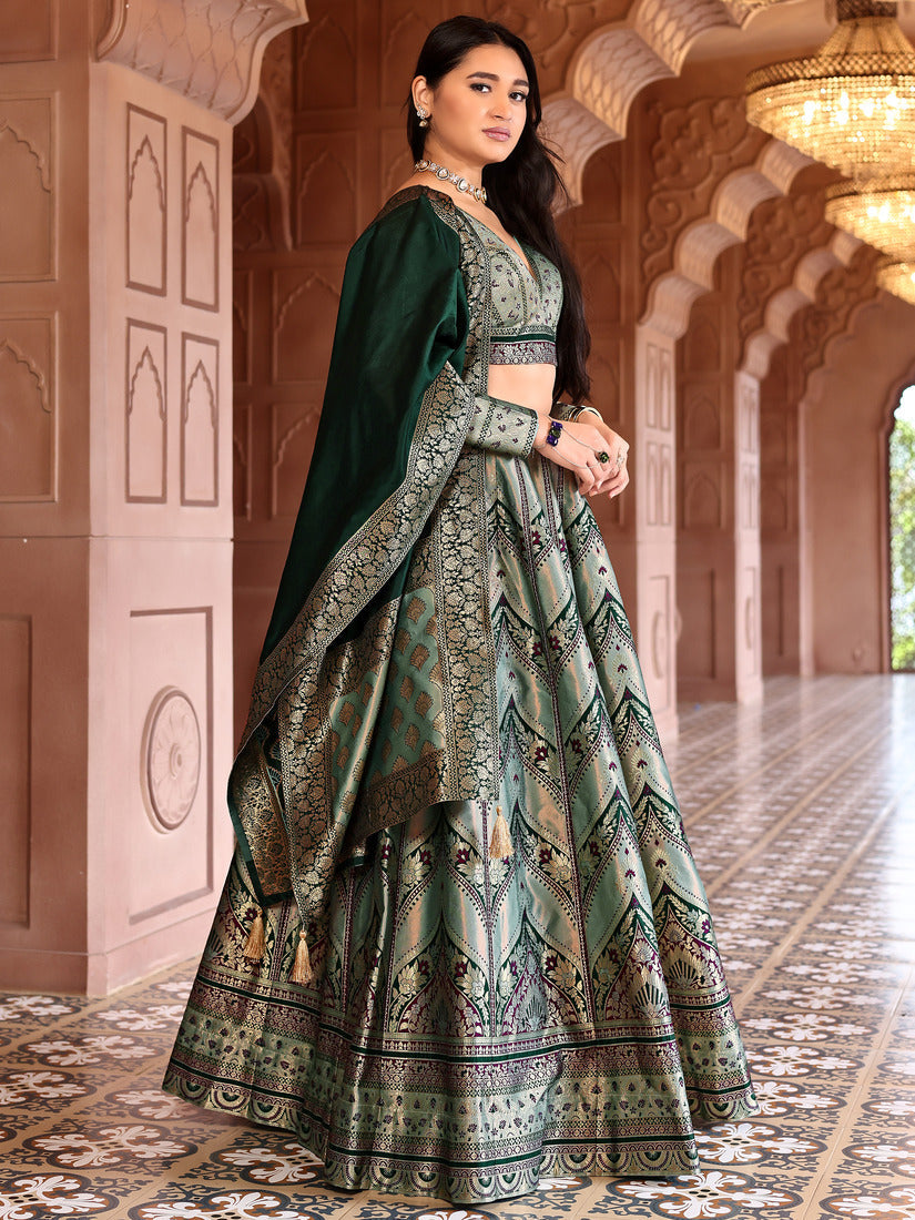 Pistachio Green Kanjivaram Silk Weaving Zari Lehenga Choli