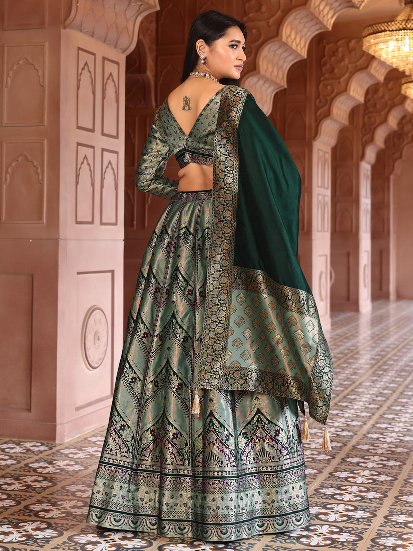 Pistachio Green Kanjivaram Silk Weaving Zari Lehenga Choli