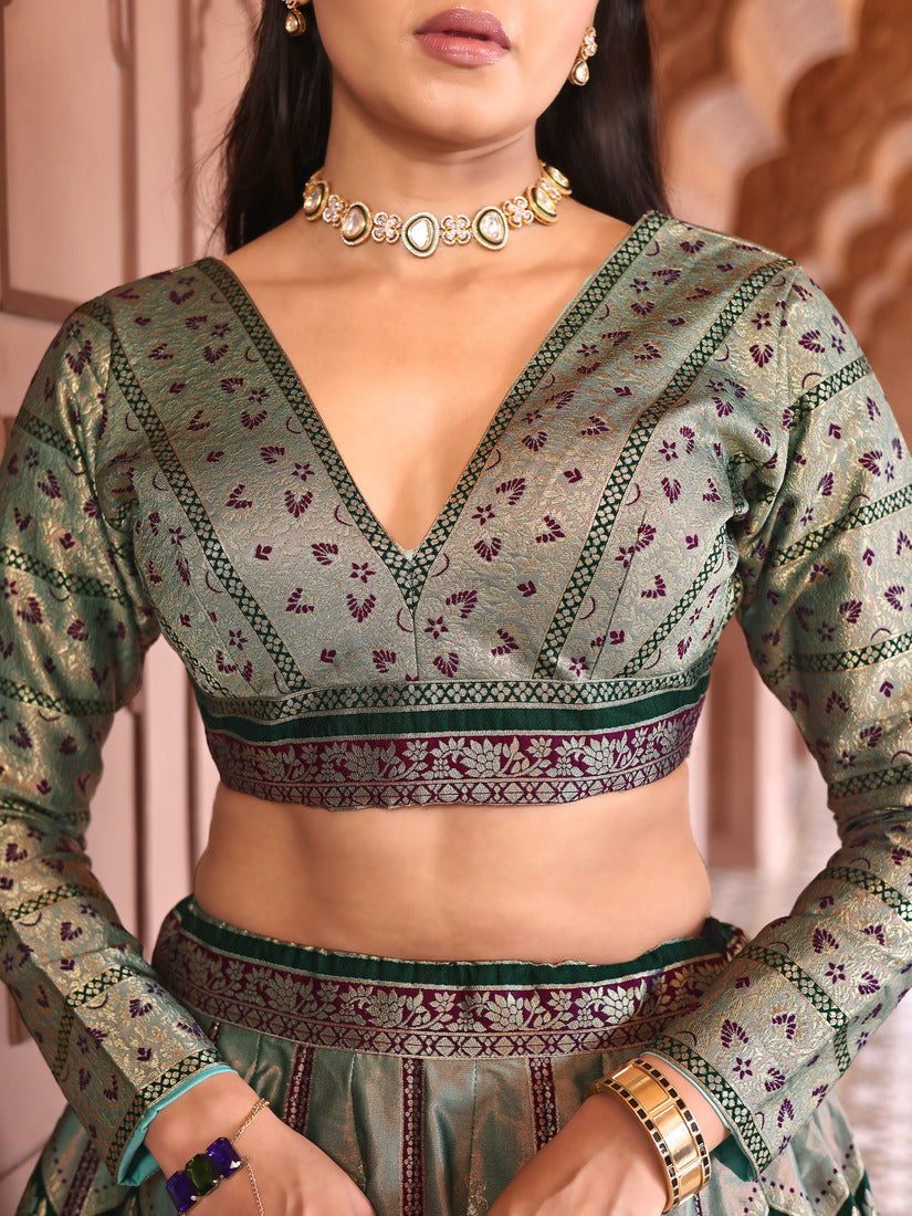Pistachio Green Kanjivaram Silk Weaving Zari Lehenga Choli