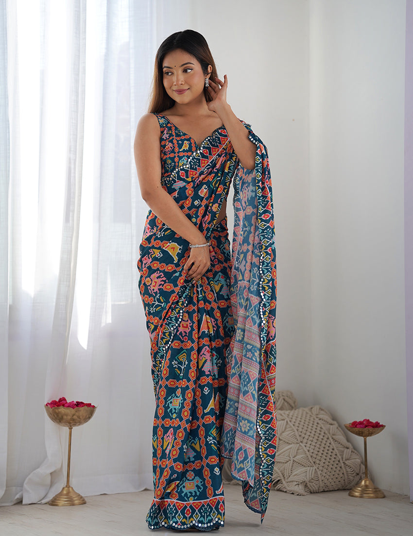 Navy Blue Chinon Digital Print Mirror Cut Work Saree