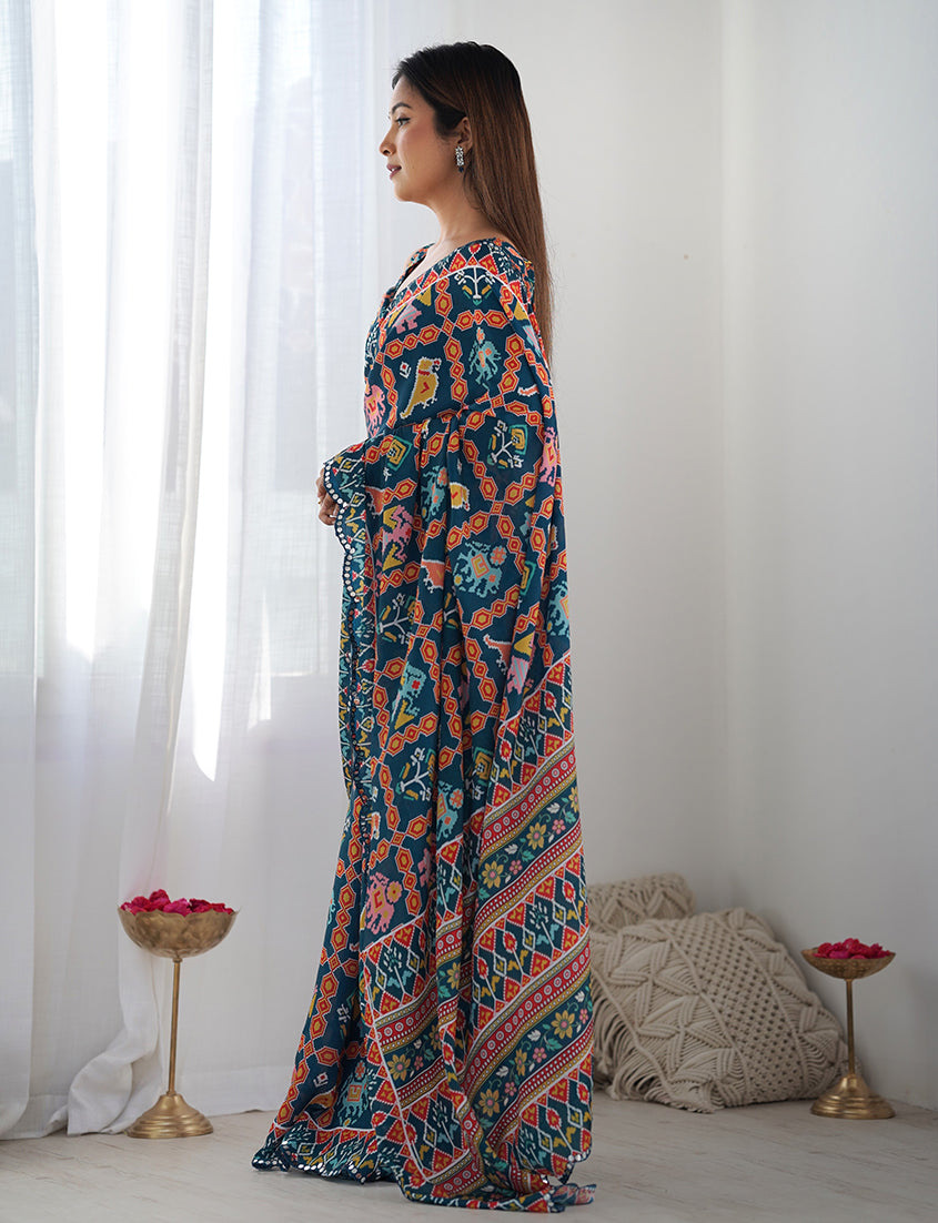 Navy Blue Chinon Digital Print Mirror Cut Work Saree