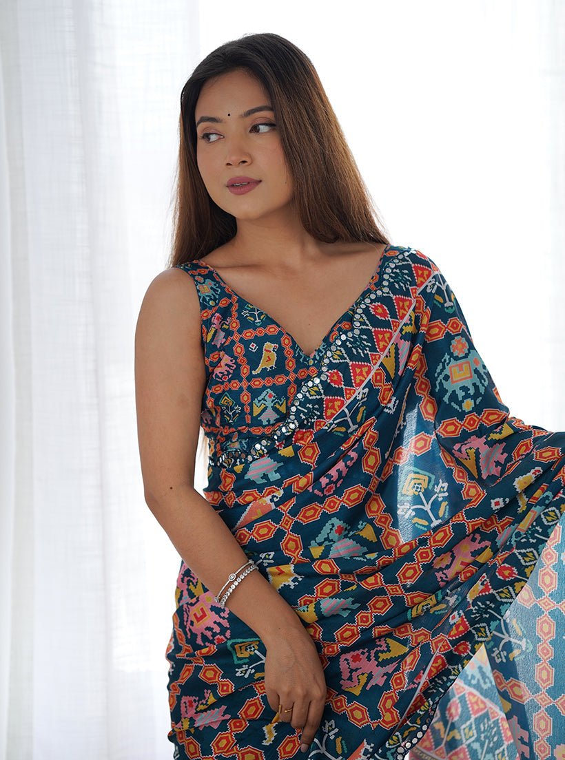 Navy Blue Chinon Digital Print Mirror Cut Work Saree