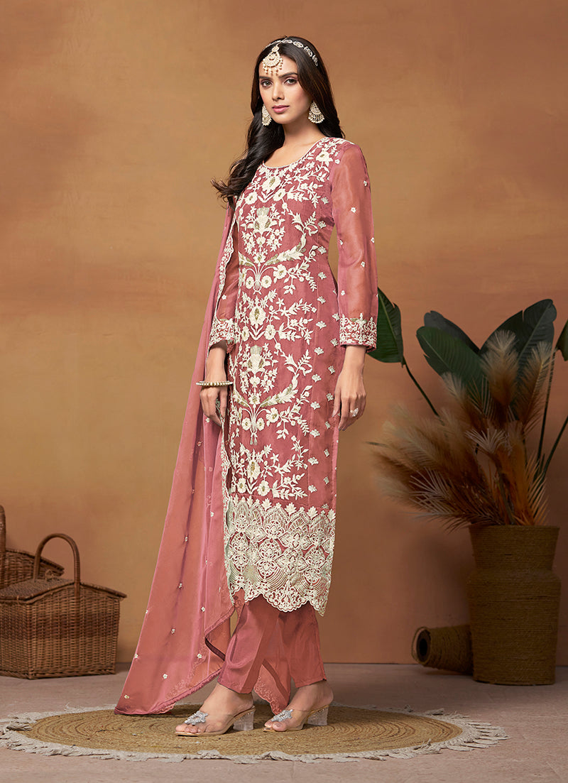 Dark Mauve Soft Organza Embroidered Straight Suit - Monjolika Fashion