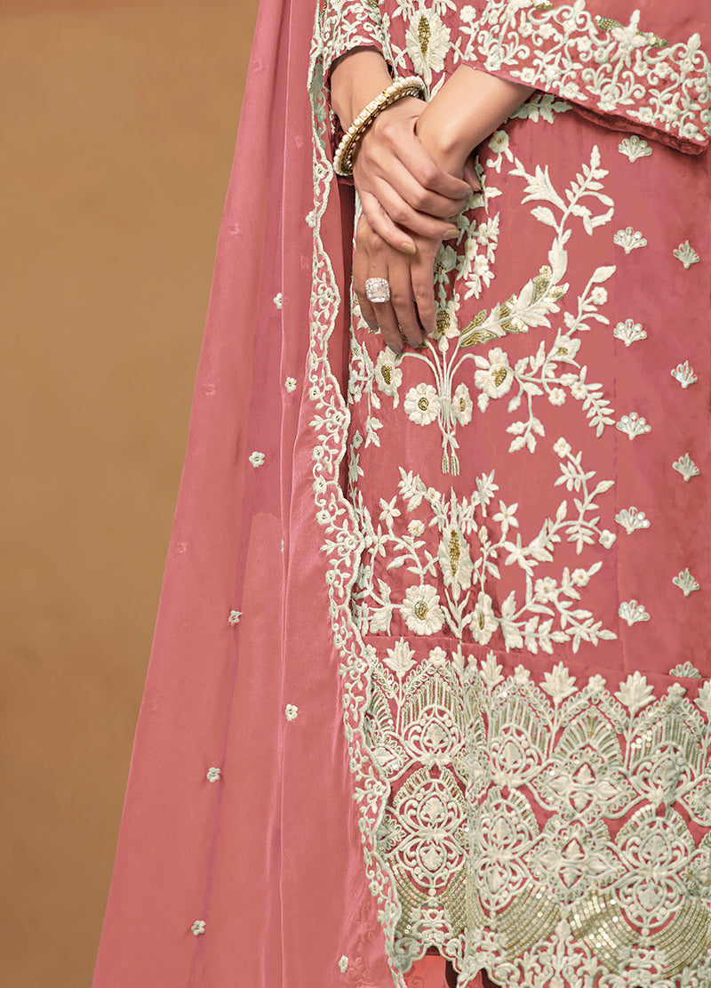 Dark Mauve Soft Organza Embroidered Straight Suit - Monjolika Fashion