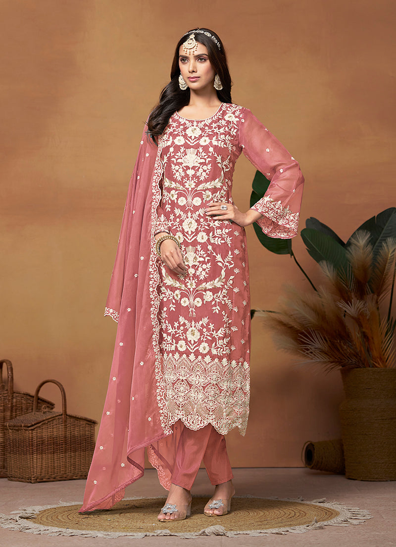 Dark Mauve Soft Organza Embroidered Straight Suit - Monjolika Fashion