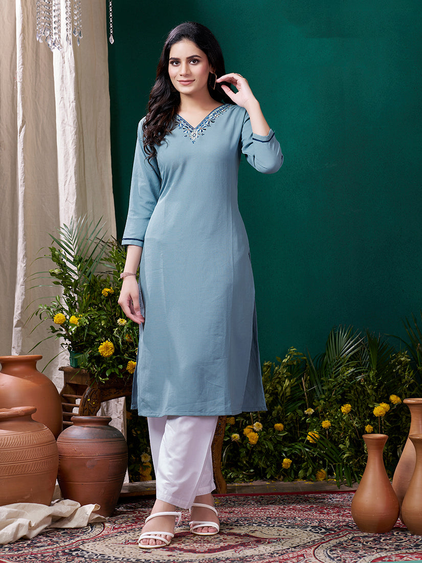 Light blue Maaza Cotton Handwork with Pocket Causal Kurti