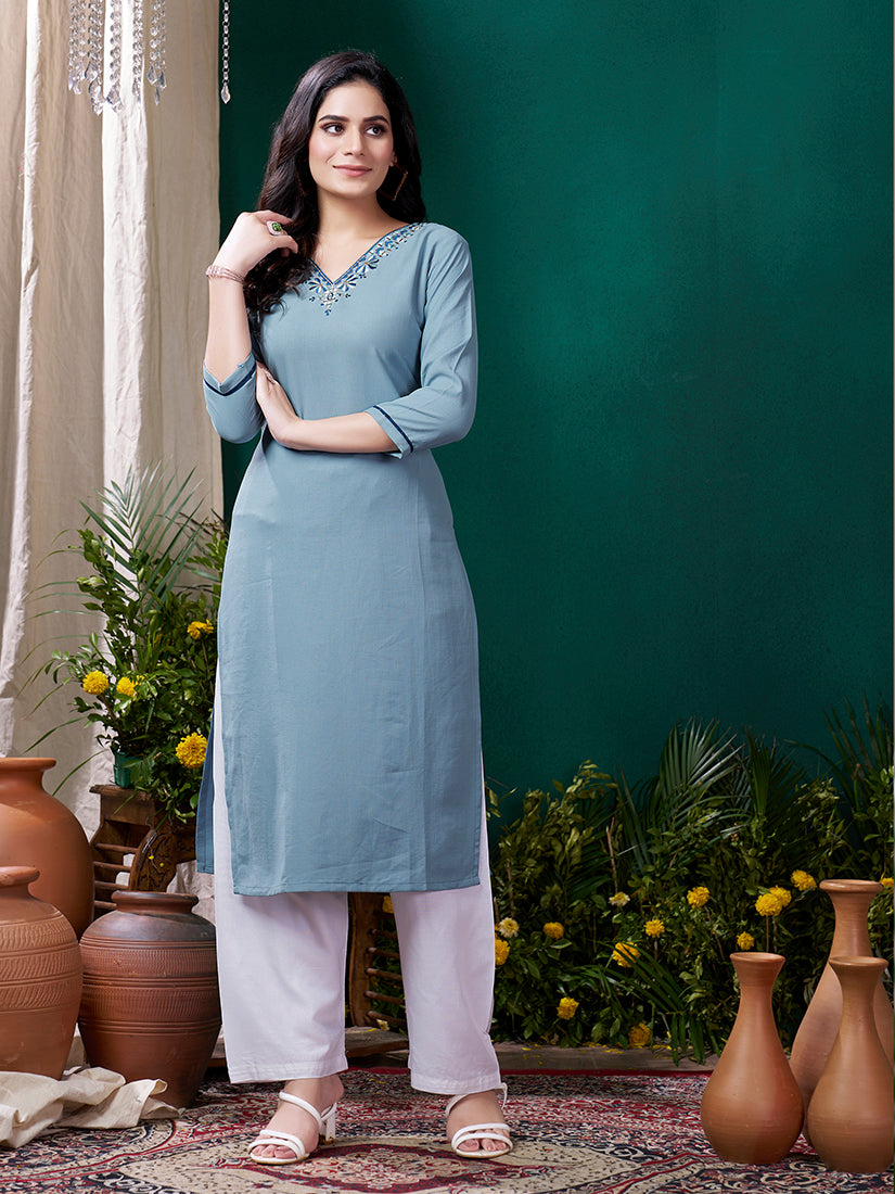 Light blue Maaza Cotton Handwork with Pocket Causal Kurti