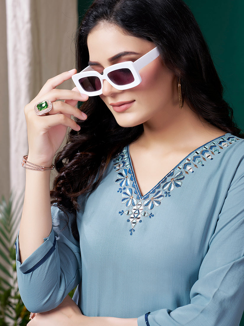 Light blue Maaza Cotton Handwork with Pocket Causal Kurti