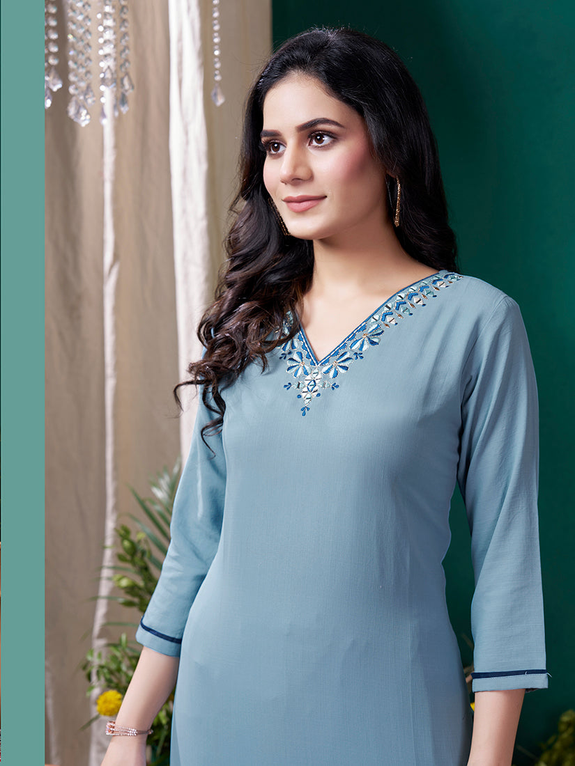 Light blue Maaza Cotton Handwork with Pocket Causal Kurti