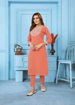 Peach Rinkal Cotton with Embroidered Work Kurti With Pant