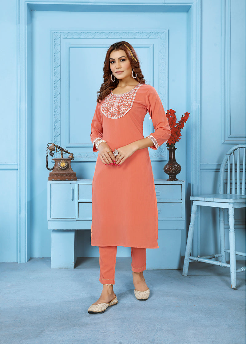Peach Rinkal Cotton with Embroidered Work Kurti With Pant