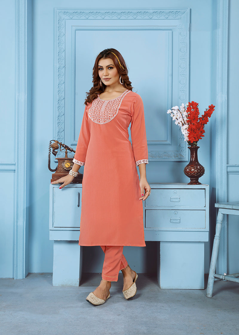 Peach Rinkal Cotton with Embroidered Work Kurti With Pant
