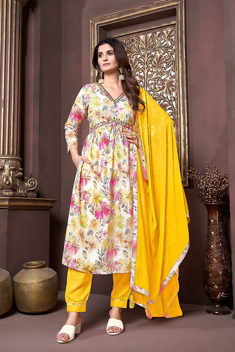 Yellow Rayon Printed Festival Wear Afghani Suit