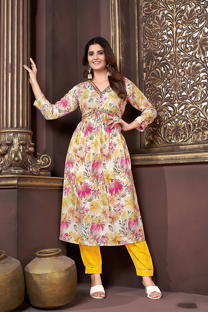 Yellow Rayon Printed Festival Wear Afghani Suit