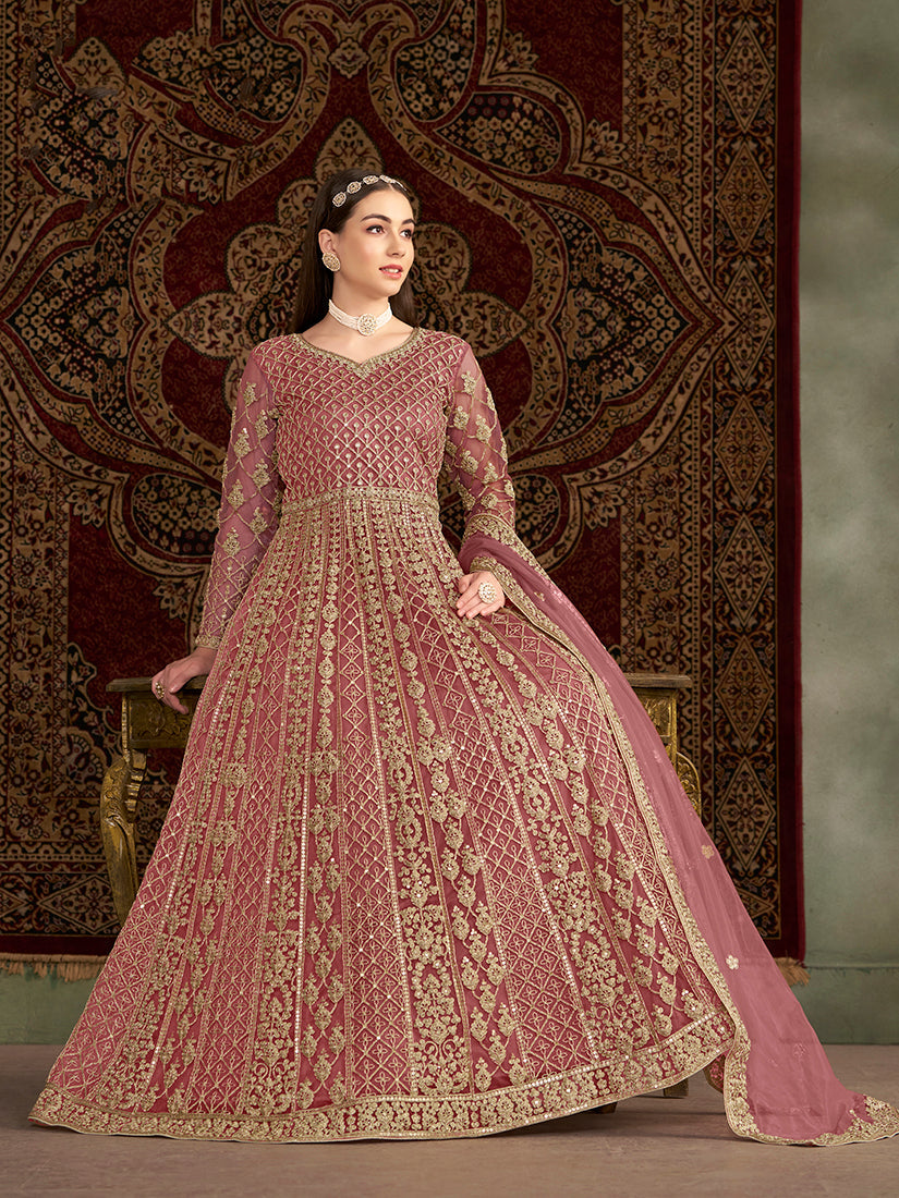 Pink Net Heavy Work Floor Length Gown With Dupatta
