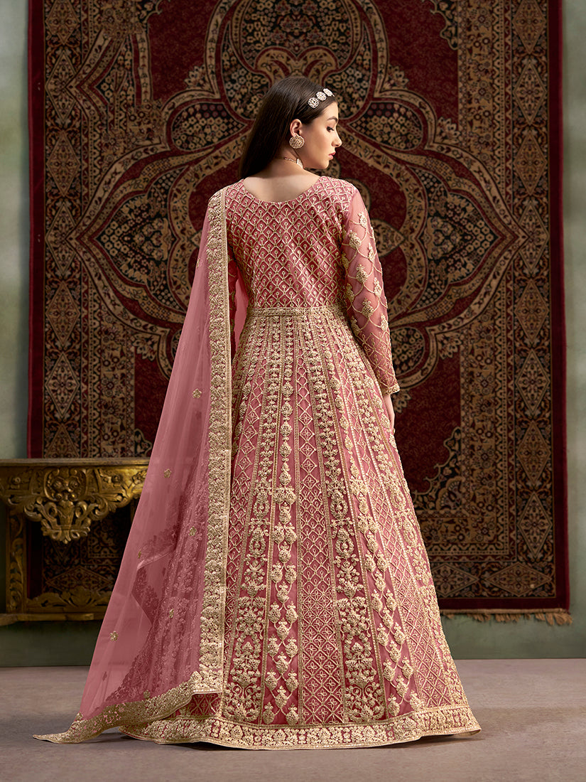 Pink Net Heavy Work Floor Length Gown With Dupatta