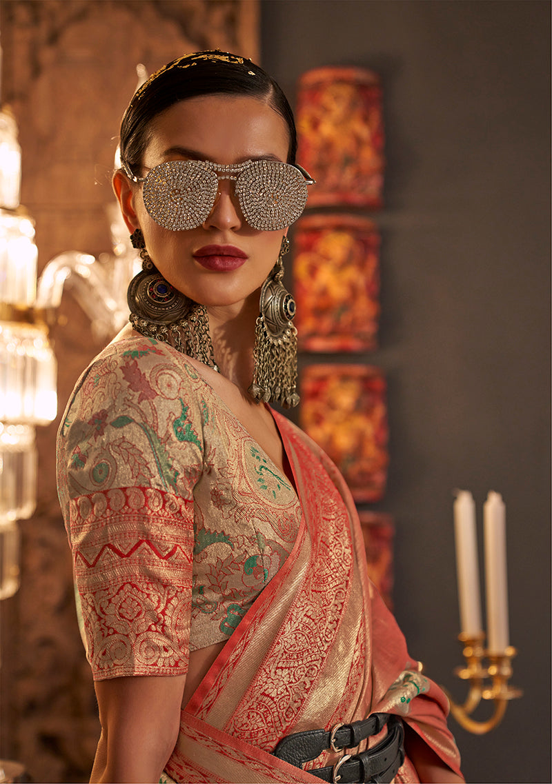 Red Shimmery Woven Silk Trendy Saree