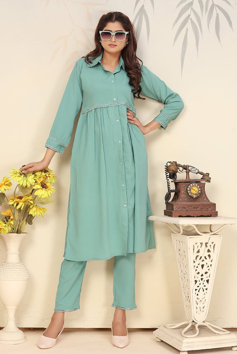 Light Cyan Cotton Solid Festival Casual Readymade Co-Ord Set