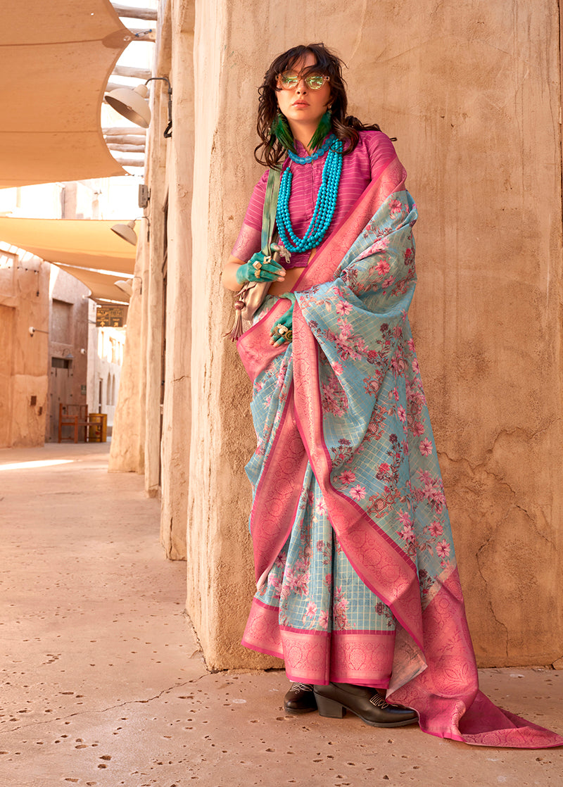 Aqua Blue Ethnic Motif Printed Georgette Saree with Zari Weave