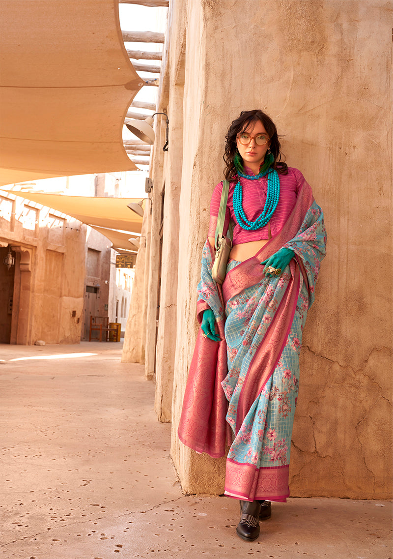 Aqua Blue Ethnic Motif Printed Georgette Saree with Zari Weave