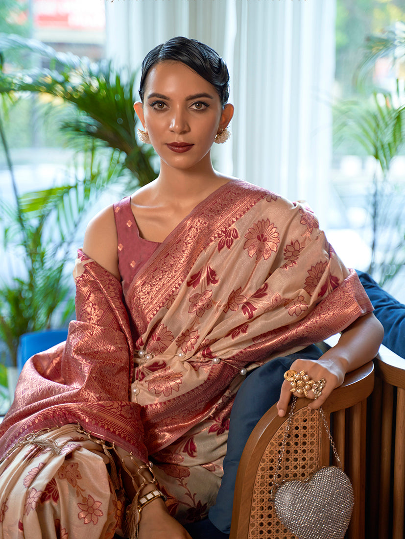 Light Beige Organza Silk Zari Woven Traditional Saree