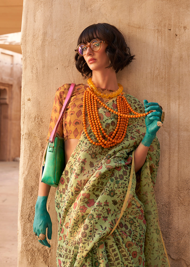 Light Green Classic Printed Tissue Saree with Zari Detailing