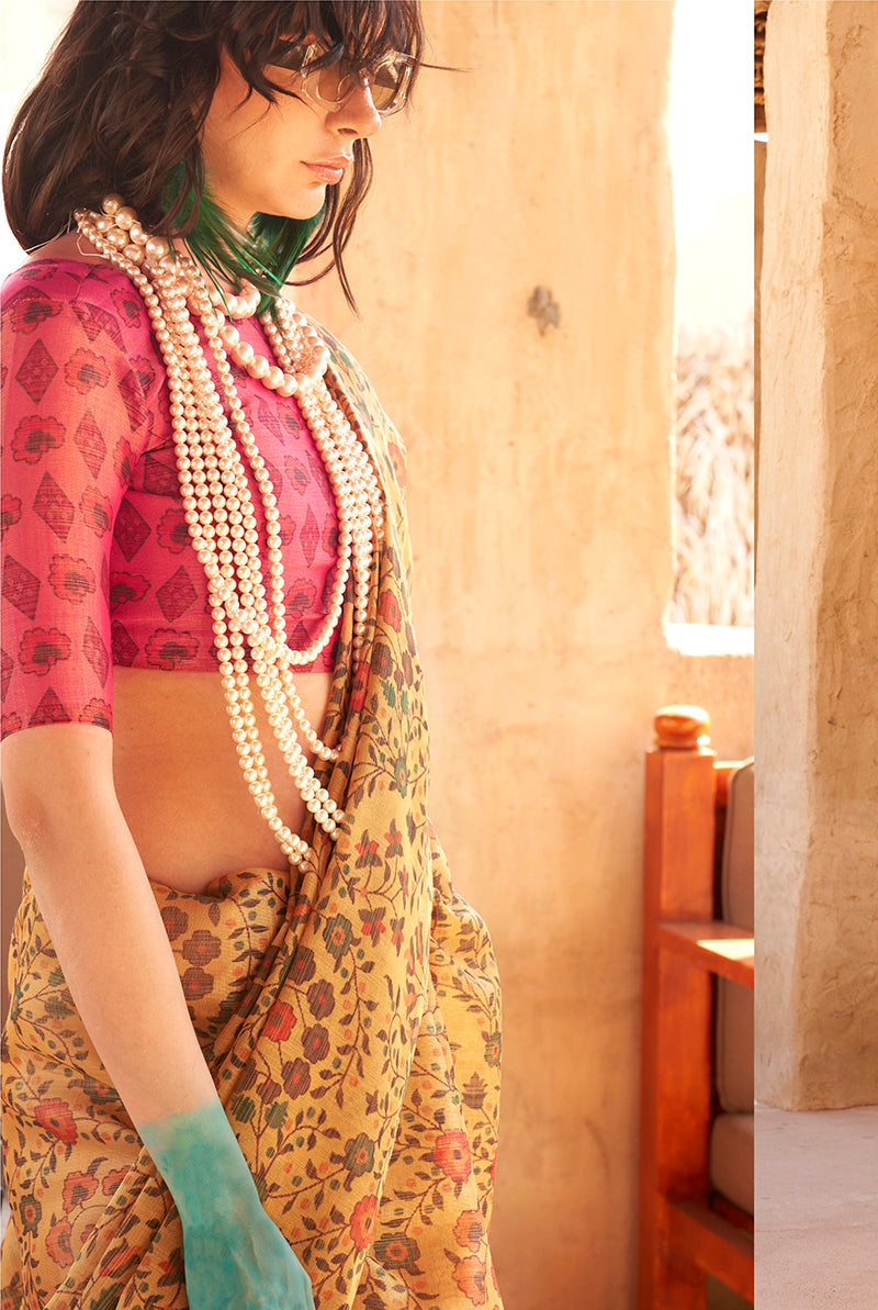 Mustard Classic Printed Tissue Saree with Zari Detailing