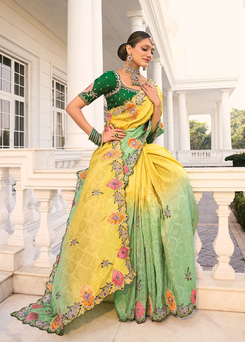 Light Green Crepe Jacquard Silk Cut-Dana & Thread Work Saree