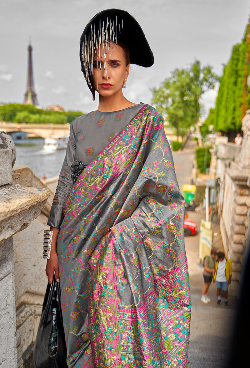 Gray Embellished Organza Woven Contemporary Saree
